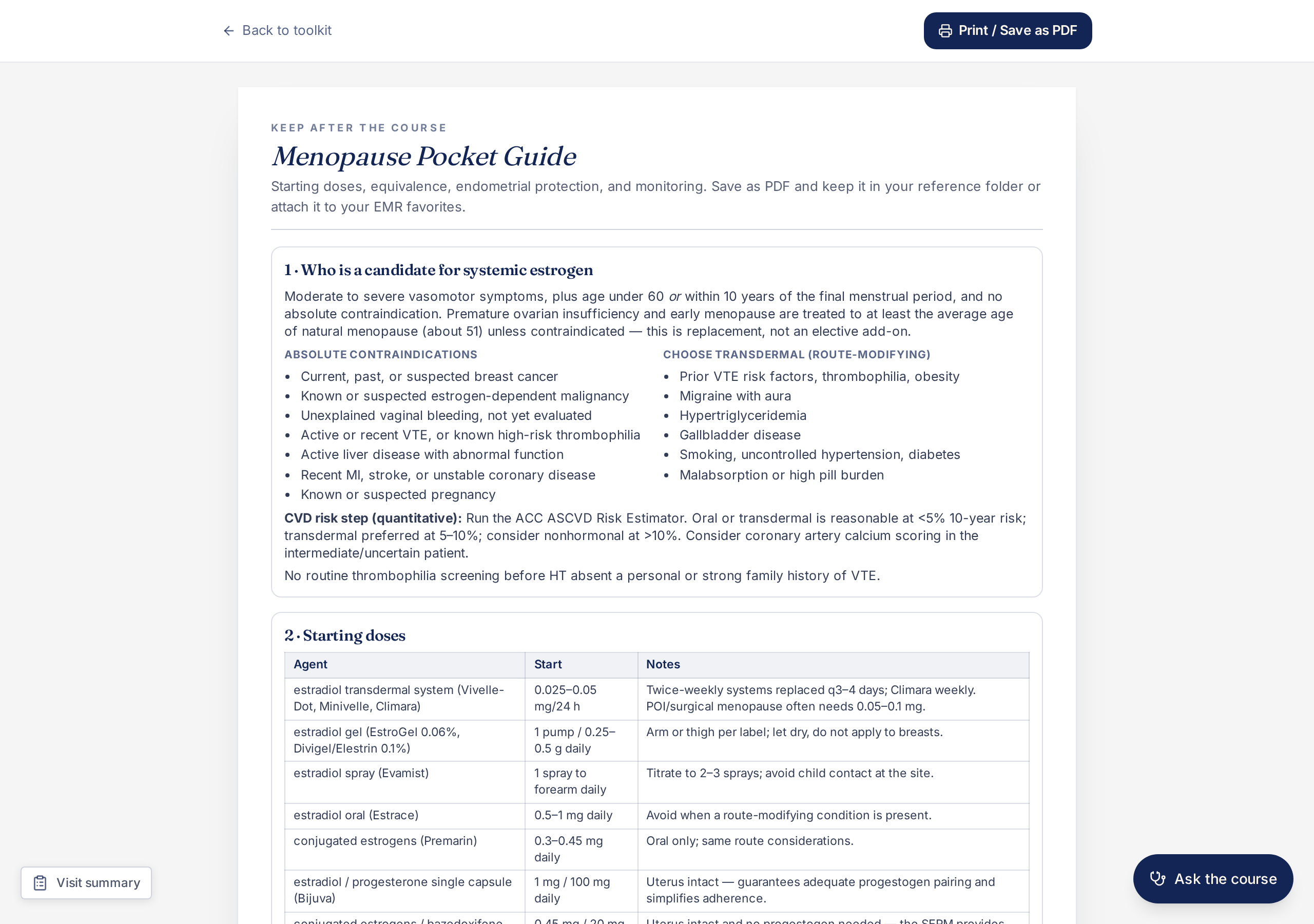 Menopause pocket guide reference page