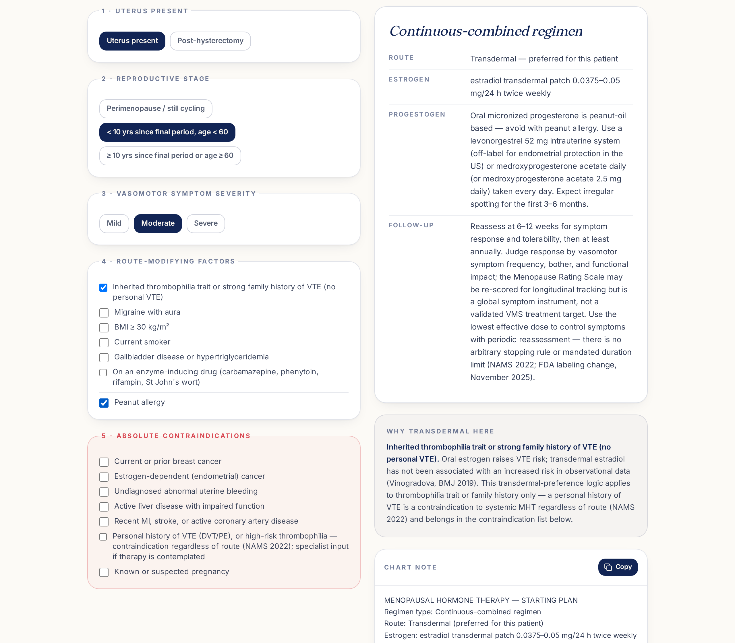 Regimen builder output showing a transdermal estradiol regimen with endometrial protection