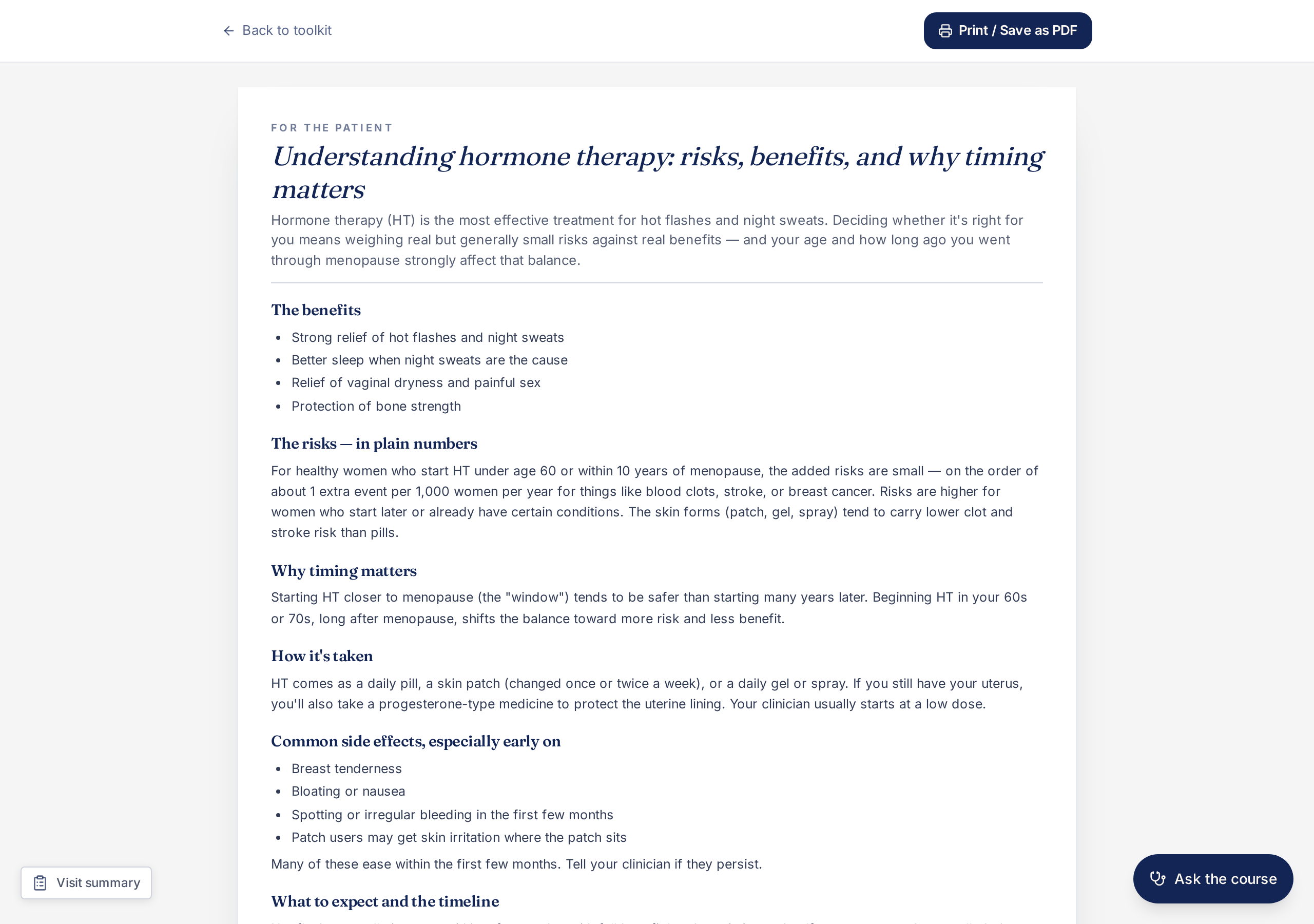 Printable patient handout explaining hormone therapy