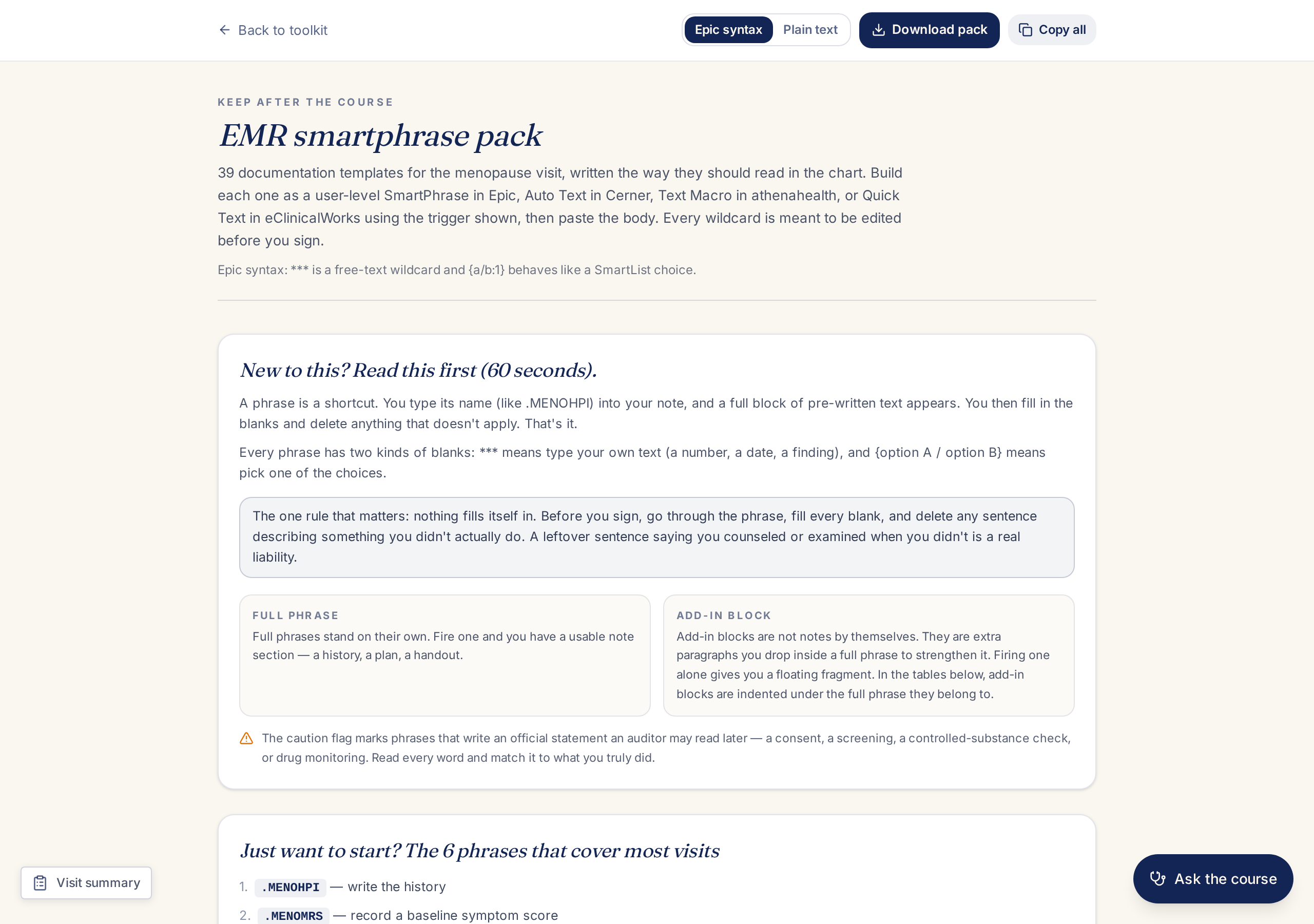 EMR smartphrase pack page listing documentation templates with Epic syntax and copy controls